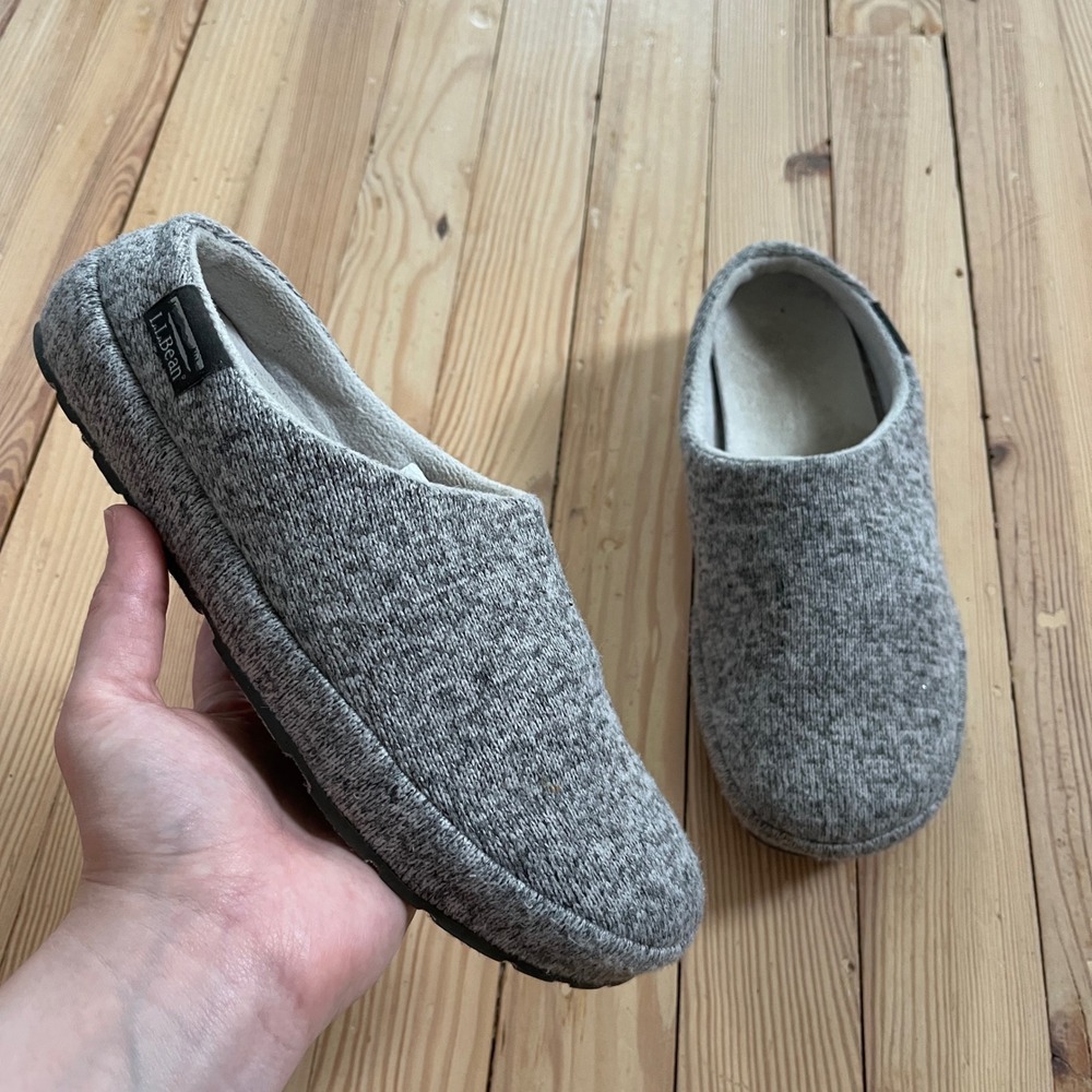 LL Bean Womens 7 Sweater Fleece Slipper Scuffs Gray Heather Mules 504789 slipon